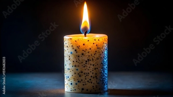 Fototapeta A single lit candle with a textured surface illuminates a dark background