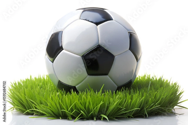 Fototapeta A classic black and white soccer ball resting on a patch of vibrant green grass, illuminated by sunlight isolated on transparent background