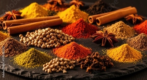 Fototapeta Aromatic Spices: Cinnamon, Star Anise, and Colorful Powders on Dark Slate