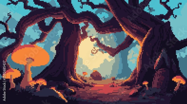 Fototapeta Pixelated Enchanted Forest Glade with Glowing Mushrooms