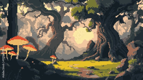 Fototapeta Pixelated Forest Clearing with Mushrooms and Mysterious Atmosphere