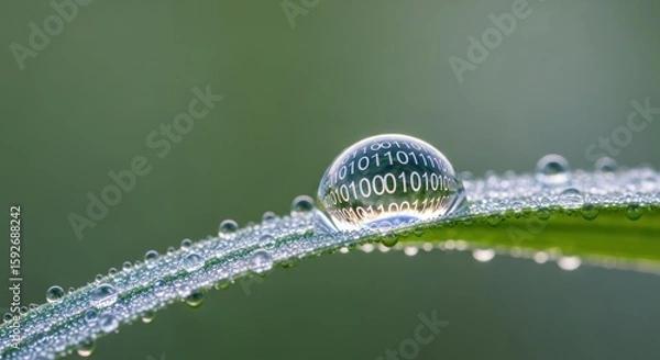Fototapeta Binary Code Reflected in a Water Droplet on a Green Leaf