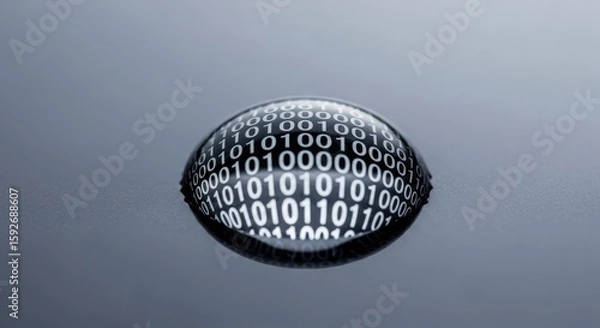 Fototapeta Binary Code Reflected in a Water Droplet on a Gray Surface, Macro Shot