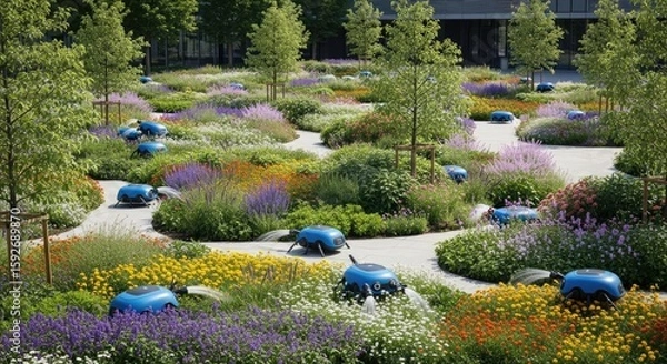 Fototapeta Automated Watering Robots in a Vibrant Flower Garden with Modern Architecture