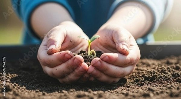 Fototapeta Child's Hands Holding a Tiny Sprout in the Soil