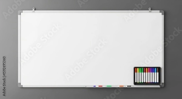 Fototapeta Clean Whiteboard with Markers, Ready for Ideas and Presentations, Isolated on Gray