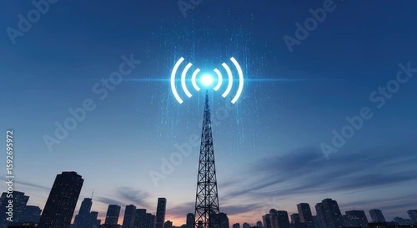 Fototapeta Cityscape Twilight with Illuminated Communication Tower and Signal