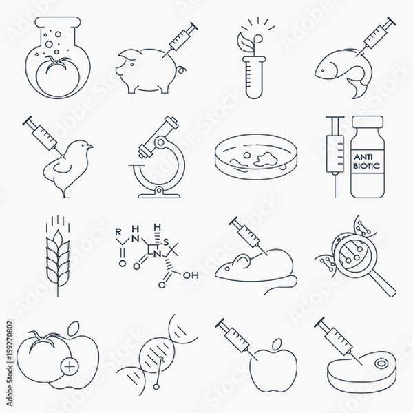 Fototapeta Collection of genetic modification outline icons. GMO. Genetic engineering. Genetic mutation.