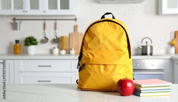 Obraz Yellow backpack with apple and notebooks on a kitchen counter ready for school