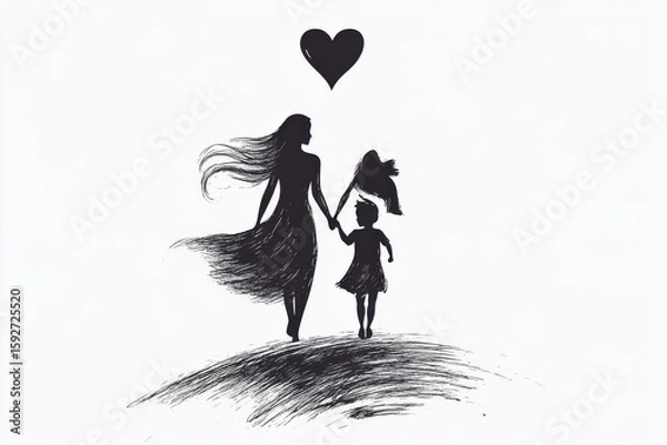 Fototapeta A mother and child walking together with a heart above them in silhouette