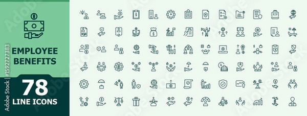 Fototapeta Employee Benefits line icon set. Contains such symbols as sick, benefit, employment, personal, development, holiday and more. Corporate line icon set. Minimalist icons pack. Vector illustration.
