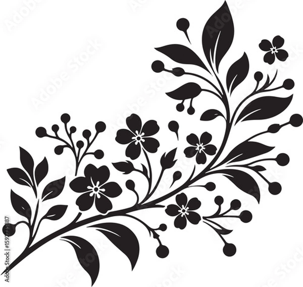 Fototapeta Abstract black floral seamless pattern with decorative swirls, leaves, and butterfly elements