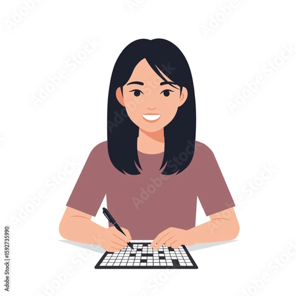 Obraz Young woman solving crossword puzzle with pencil at table, white background, vector  