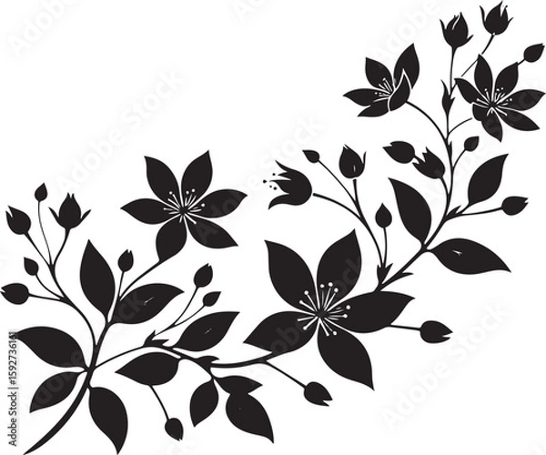 Fototapeta Abstract black floral seamless pattern with decorative swirls, leaves, and butterfly elements