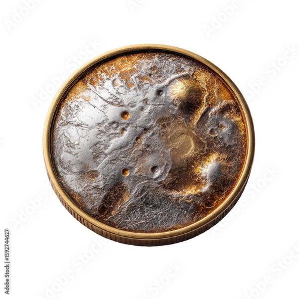 Fototapeta Unique metallic coin featuring textured surface resembling celestial body, showcasing intricate patterns and metallic shine