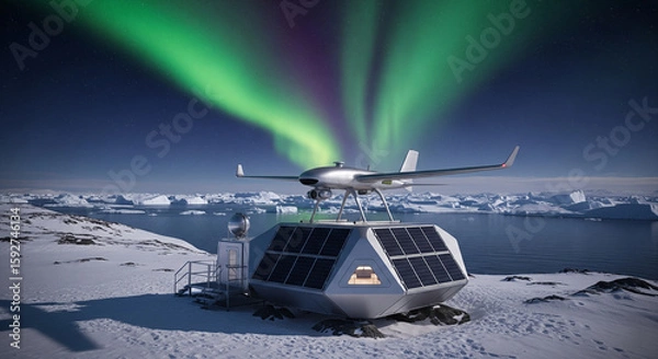 Fototapeta Autonomous drone approaching futuristic Arctic base under aurora-lit sky