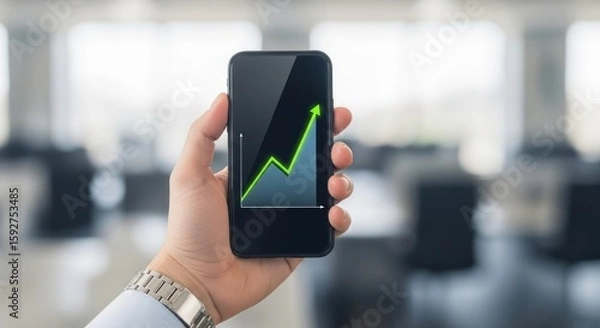 Fototapeta Hand Holding Smartphone Displaying Upward Trend Chart with Green Arrow