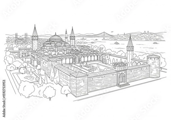Fototapeta Topkapi Palace (Topkapı Sarayı) in Istanbul one line drawing style