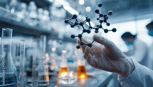 Fototapeta A scientist in a lab holds a molecular model