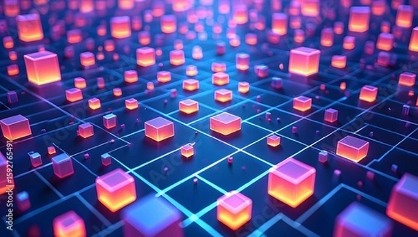 Fototapeta Abstract glowing cubes network background for technology and digital solutions use case