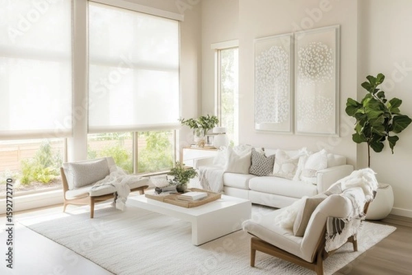 Obraz Sala de estar contemporânea com janelas amplas, cortinas translúcidas e decoração escandinava em tons claros, iluminada por luz natural suave, IA generativa