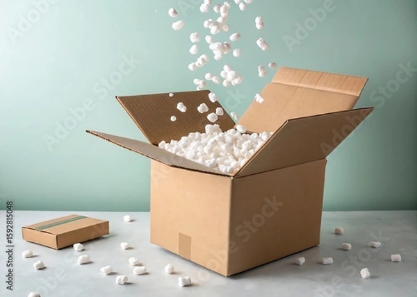 Obraz levitating open box with visible packing peanuts