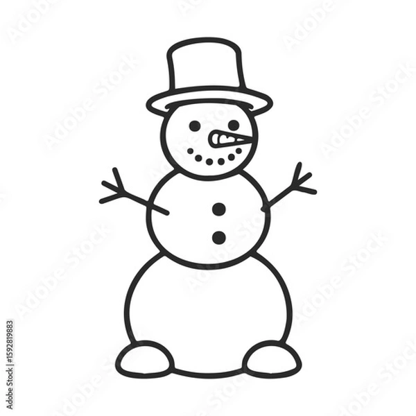 Fototapeta Simple black and white line drawing of a snowman with top hat and carrot nose