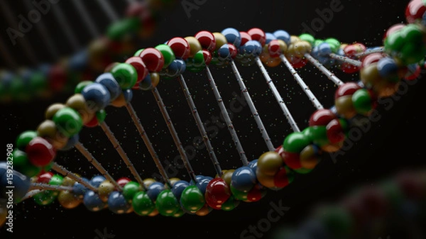Fototapeta 3d render of DNA form. Science background with helix of reflective spheres. Genetic concept.