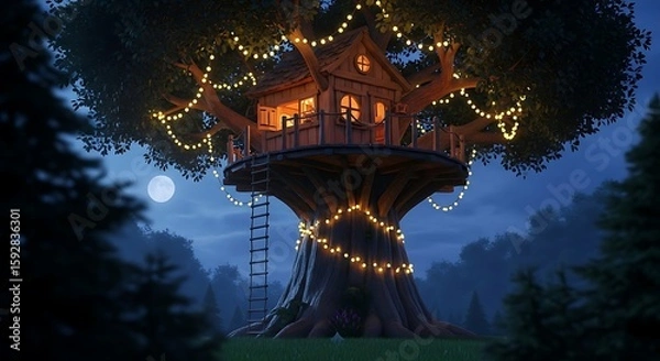 Obraz A cozy treehouse adorned with fairy lights at night, nestled in a forest under a full moon.