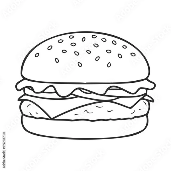 Fototapeta Outline drawing of classic cheeseburger with lettuce, tomato, and cheese
