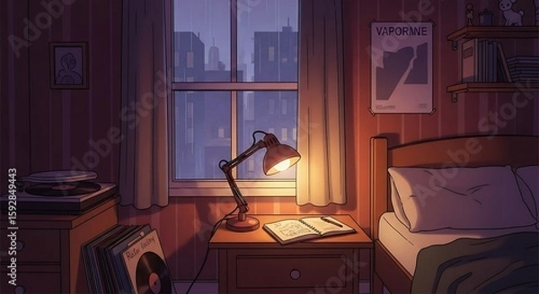 Obraz Cozy bedroom scene at dusk, with a reading lamp and city view.