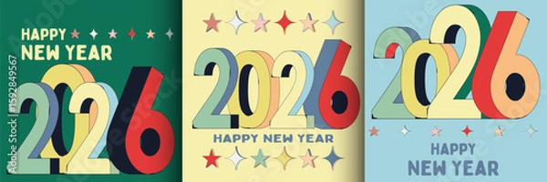 Obraz 2026 Happy New Year square logo text design. Collection Set design template of 2026 Happy New Year card, cover, poster, labels isolated on colorful background.