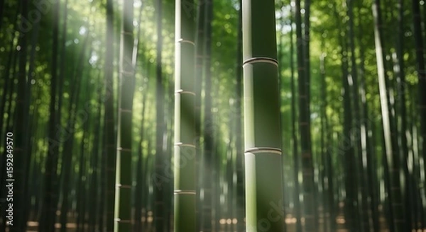 Fototapeta Sunbeams illuminate a dense bamboo forest, creating a serene and mystical atmosphere.