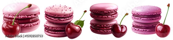 Fototapeta Set of assorted pink and purple macarons with cherries isolated on white background