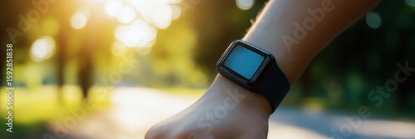 Fototapeta Fitness tracker on wrist during outdoor walk, wearable technology banner for health blog or wellness website, 3:1 header image in warm natural tones with copy space on the left

