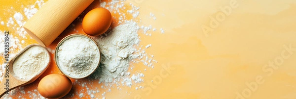 Fototapeta Baking ingredients banner with flour, eggs, and rolling pin for food blog or recipe website, 3:1 image in warm orange tones with right-aligned copy space for header or landing page use


