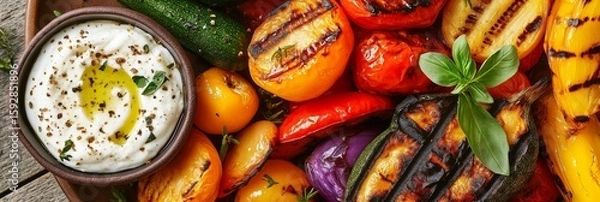 Fototapeta Grilled vegetables with yogurt dip close-up, vibrant food banner for healthy eating blog or cooking website, 3:1 header image with colorful tones and right-side composition

