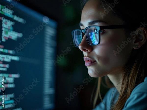 Fototapeta Jeune développeuse concentrée devant son écran en pleine nuit
