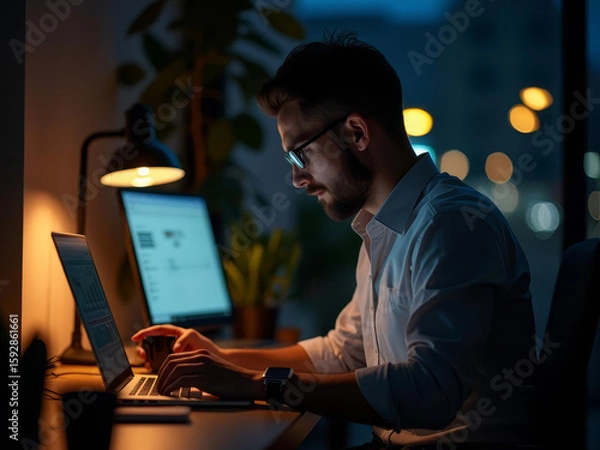 Fototapeta Travail nocturne intense d’un développeur concentré devant son écran
