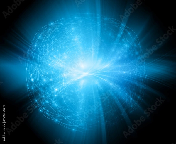 Fototapeta World map on a technological background, glowing lines symbols of the Internet, radio, television, mobile and satellite communications.