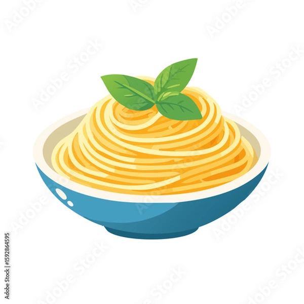 Fototapeta A plate of spaghetti with basil on top, ready to eat. It is presented in a blue bowl.
