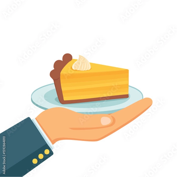 Fototapeta A hand offering a slice of delicious pie, showcasing the art of baking and the pleasure of a sweet treat. The pie appears fresh and inviting, perfect for indulging in a moment of bliss