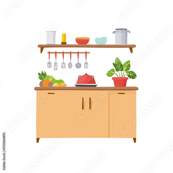 Fototapeta A detailed illustration of a modern kitchen with various items arranged on the countertop and shelves