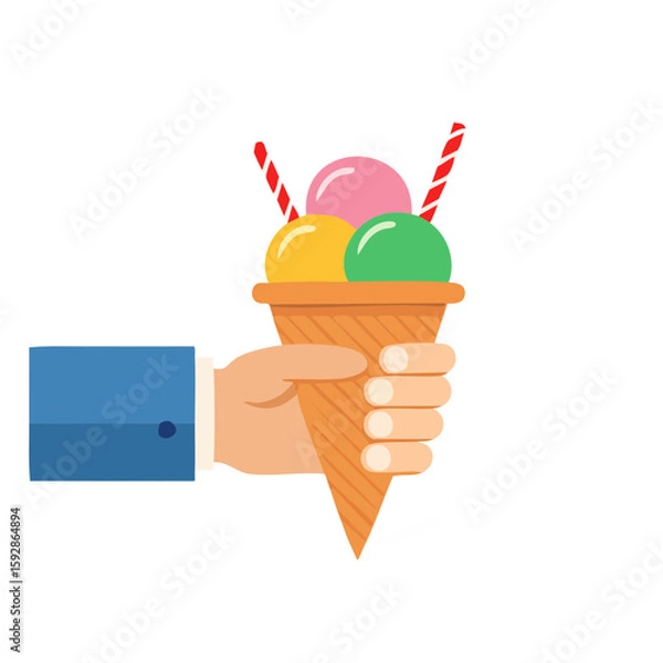 Fototapeta Hand holding colorful ice cream in a waffle cone. The ice cream features three scoops with two red wafer sticks.