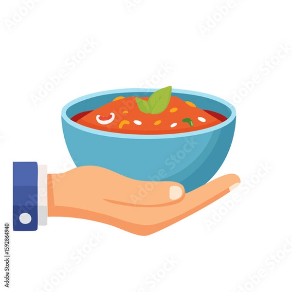 Fototapeta A hand presenting a bowl of fresh, appetizing chili, the soup looks tasty and ready to eat