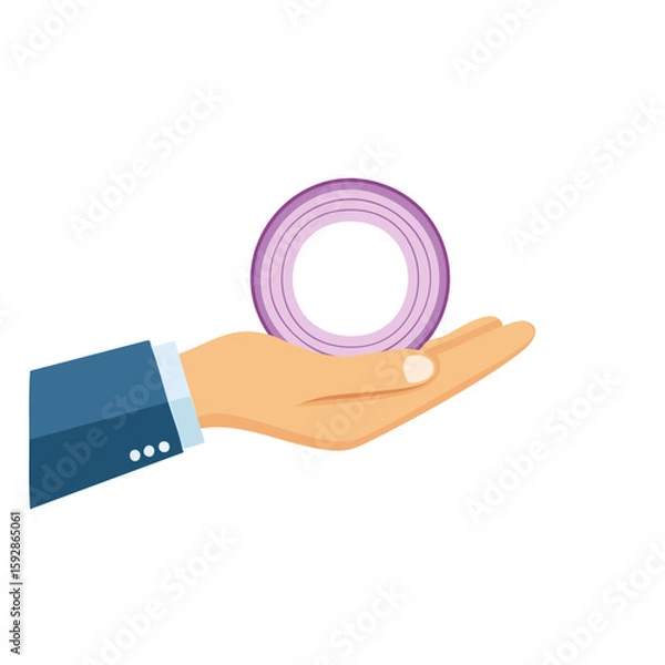 Fototapeta A hand presenting a sliced red onion. The hand is open, showcasing the onion slice with precision and attention to detail.