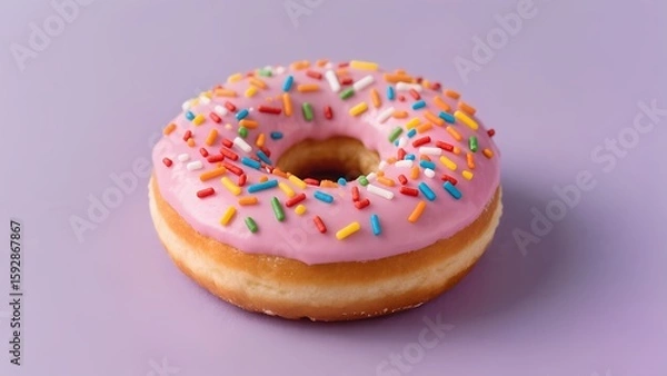 Fototapeta Pink frosted donut with sprinkles on purple background, appetizing