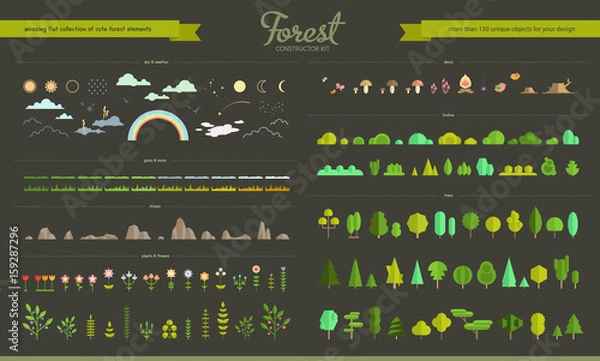Fototapeta Zestaw płaskich elementów leśnych