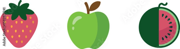 Obraz Fresh Fruit Icons, Strawberry, Apple, Watermelon, Simple and Colourful Design