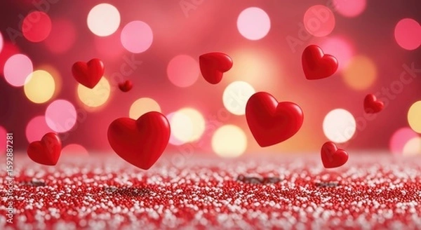 Fototapeta Floating hearts bokeh background celebration silhouette vector illustration